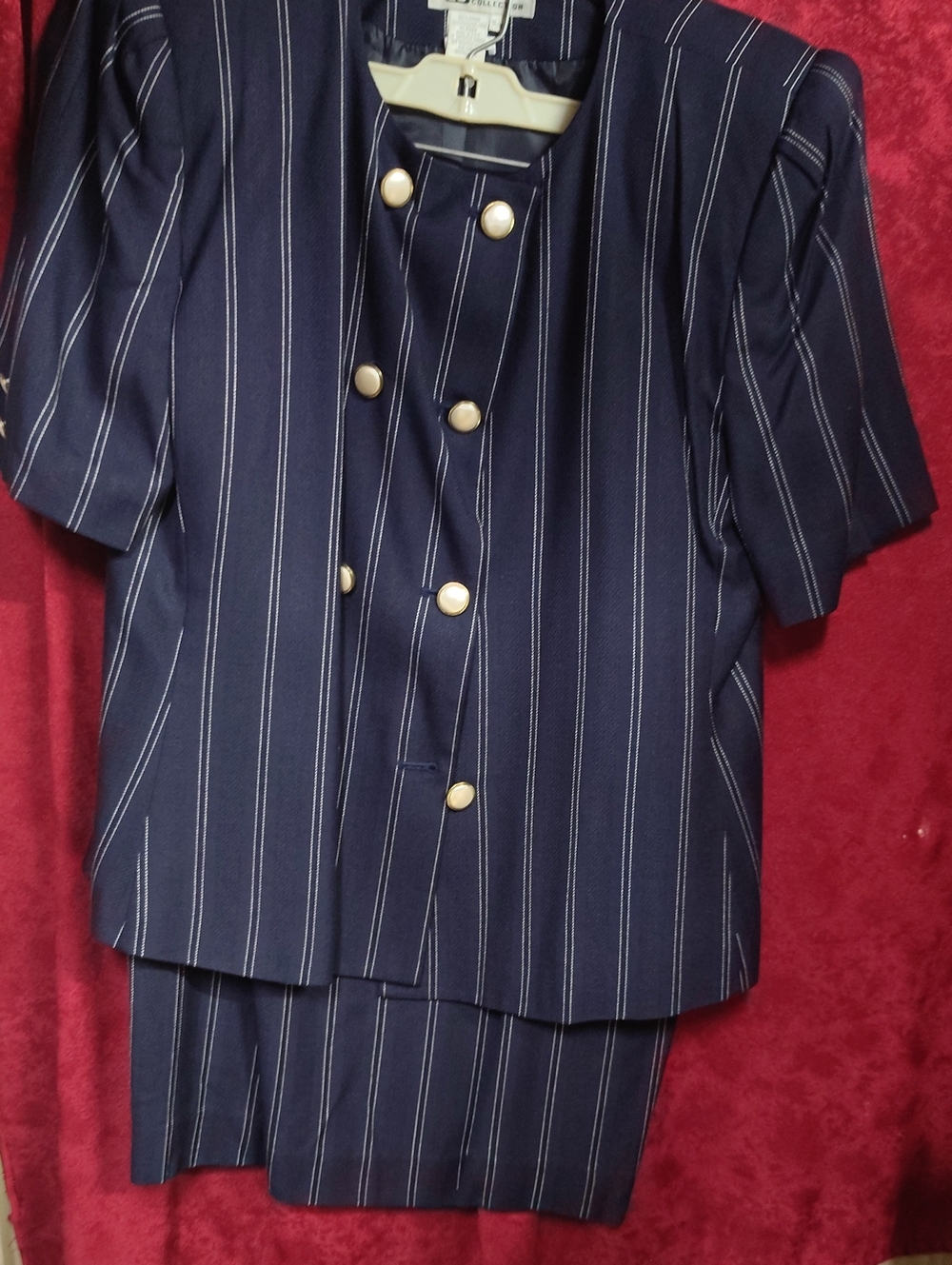 Navy Pinstripe Skirt Set with Gold Buttons - Women